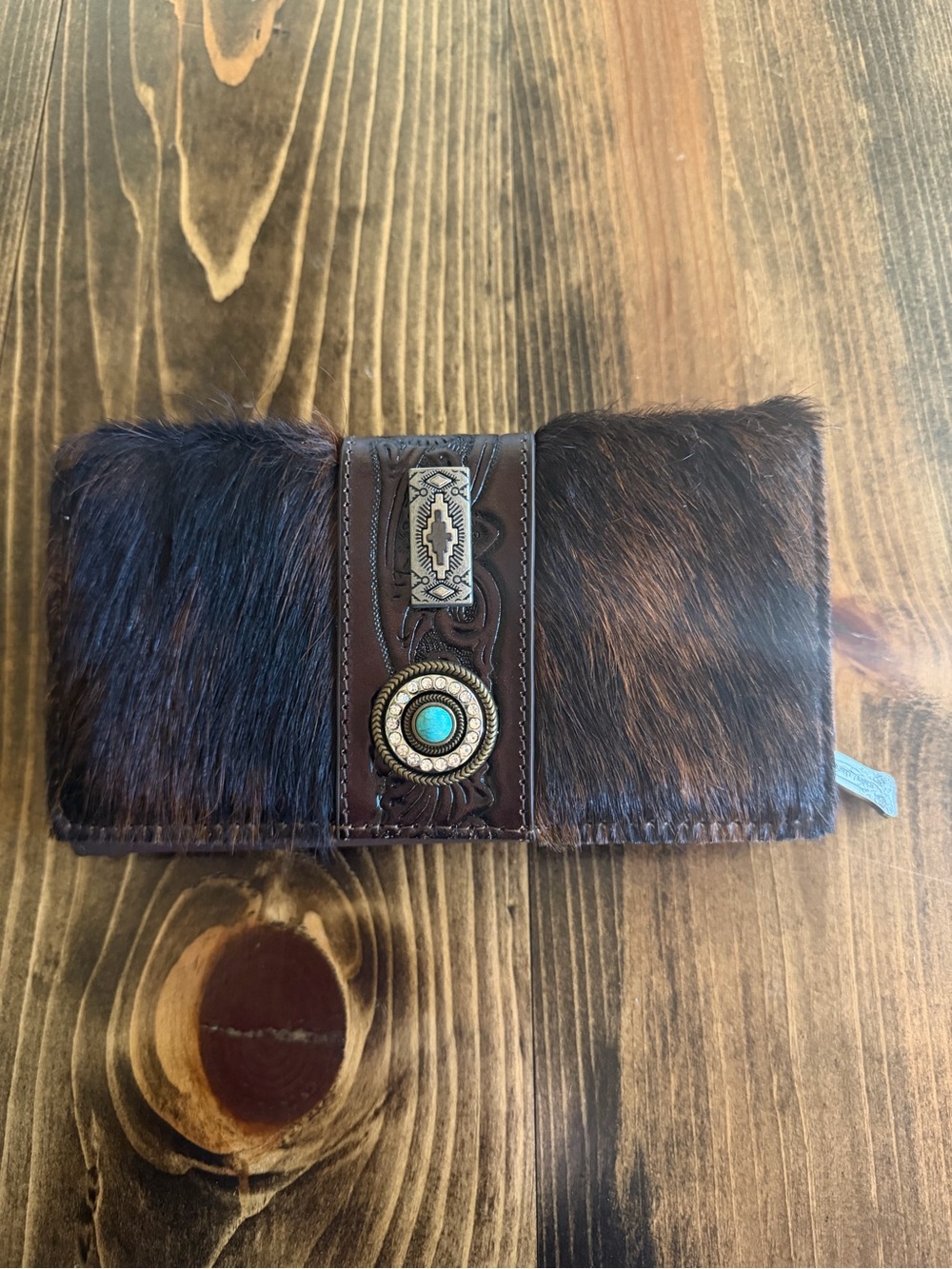 Brown Hair-On Leather Wallet with Turquoise Concho